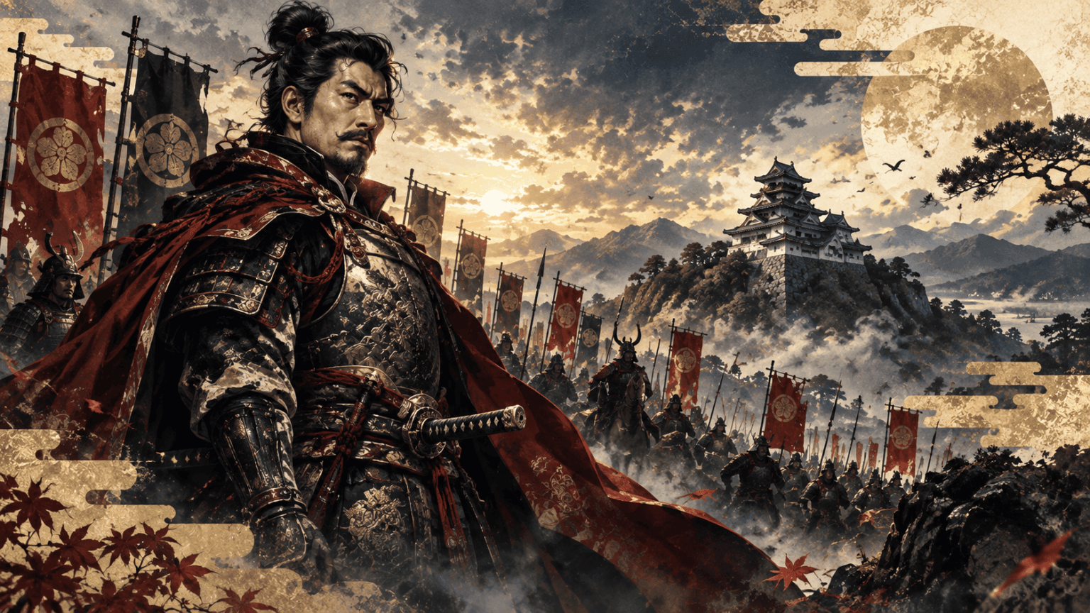 戦国武将と山城、軍勢を描いた戦国時代のイメージ