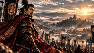 夕景の山城と軍勢を背景に立つ戦国武将のイメージ