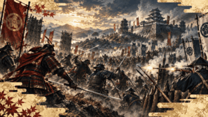 山城をめぐる戦国時代の合戦を描いたイメージ